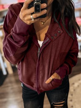 Burgundy Waffle Splicing Zip Up Front Button Hooded Jacket