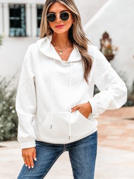 White Cable Lattice Texture Kangaroo Pocket Hoodie