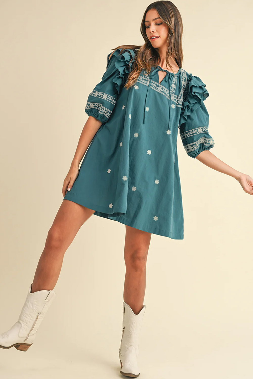 Skobeloff Boho Floral Ruffle Puff Sleeve Lace-up V Neck Mini Dress - Image 4