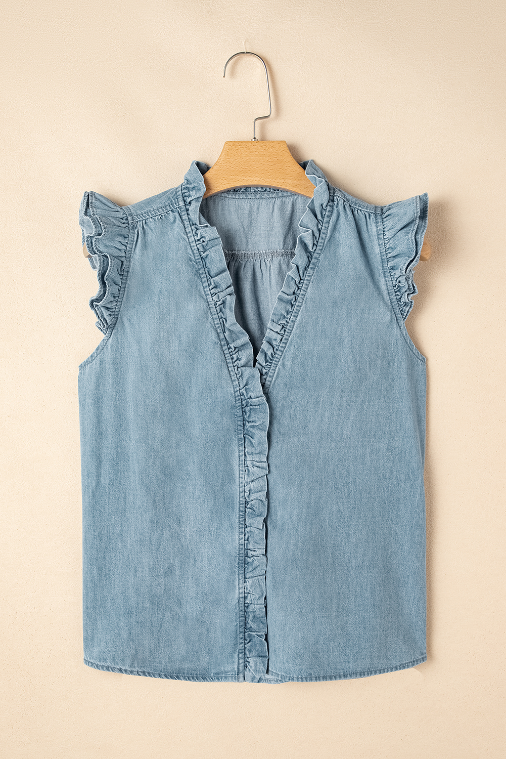 Beau Blue Frilly Ruffle Trim V Neck Chambray Tank Top - Image 7
