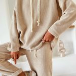 Jet Stream Lace Drawstring Pullover Hoodie and High Waist Pants Corduroy Suit
