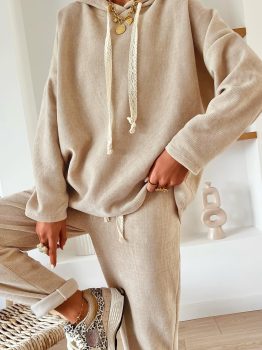 Jet Stream Lace Drawstring Pullover Hoodie and High Waist Pants Corduroy Suit