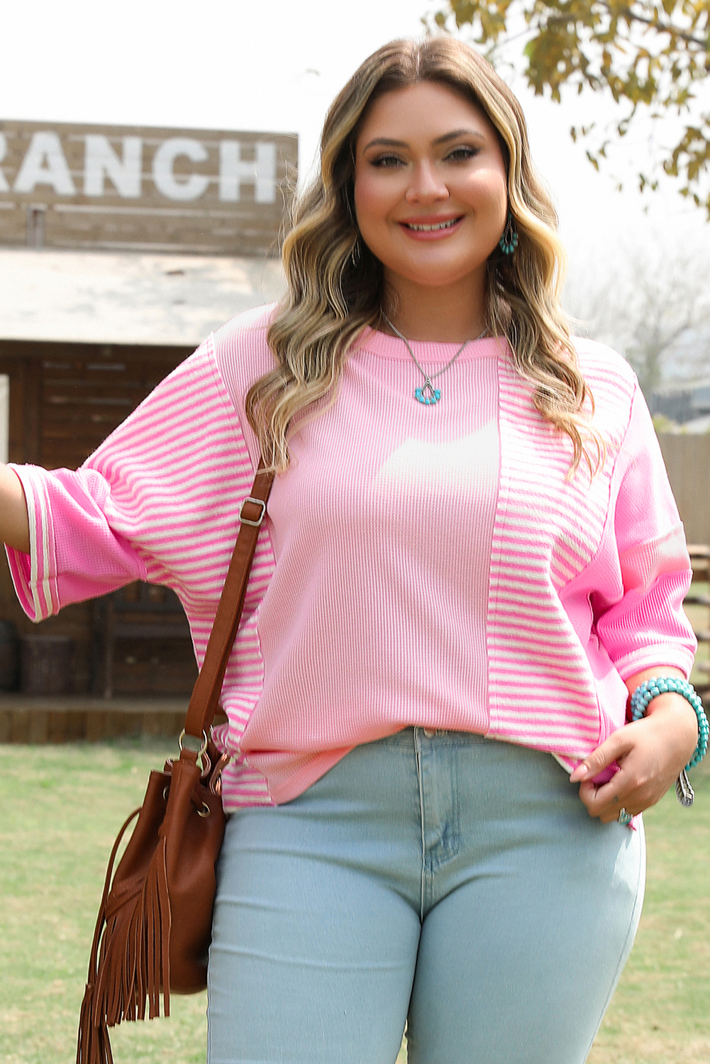 Pink Stripe Patchwork Colorblock Plus Size T Shirt - Image 4