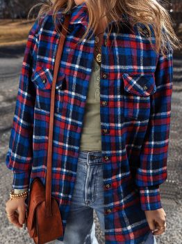 Navy Blue Plaid Flap Pocket Button Up Shacket