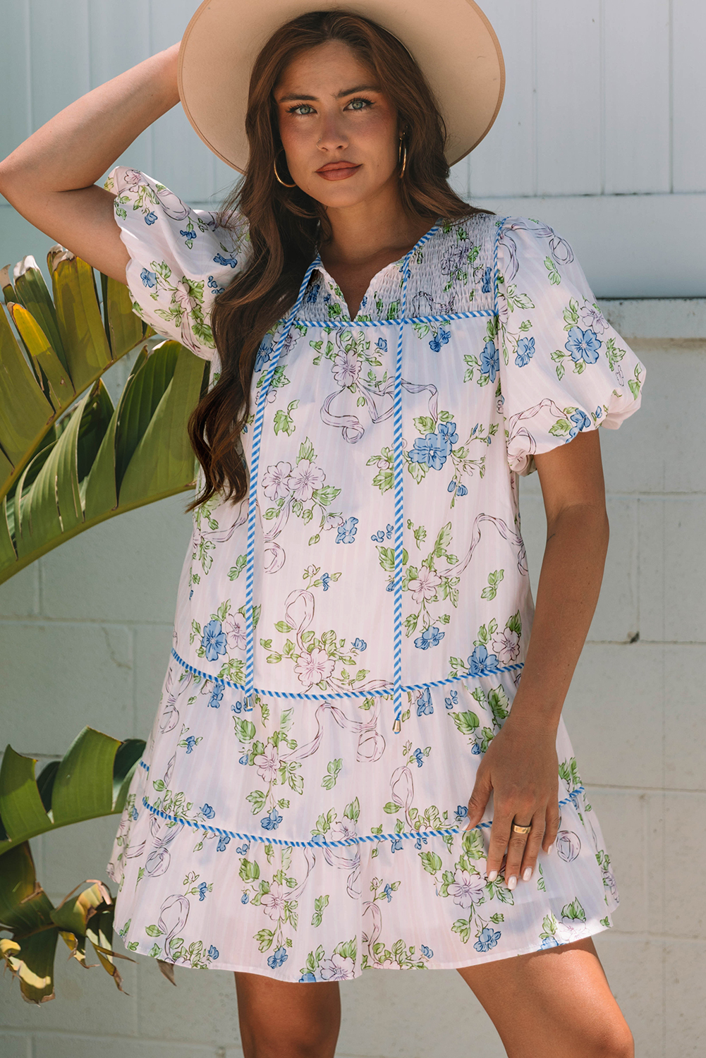 Pink Floral Striped Print Contrast Trim Tie Split Neck Mini Dress - Image 6