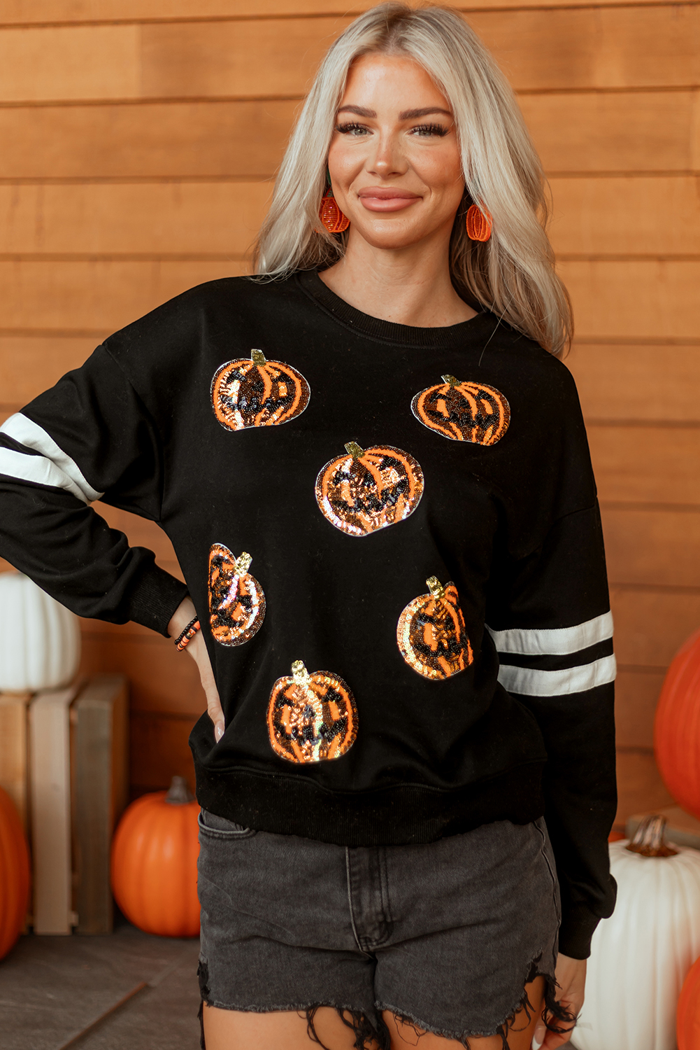 Black Halloween Pumpkin Face Sequin Patched Oversize Varsity Sweatshirt - Image 4
