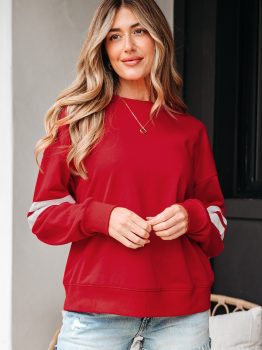 Fiery Red Varsity Striped Detail Drop Shoulder Oversized Sweatshirt