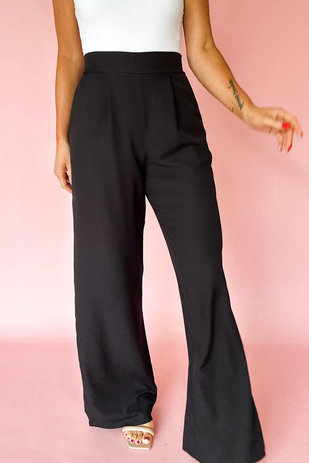 Black Pleated Detail Pull On High Elastic Waist Loose Straight Pants - Image 2