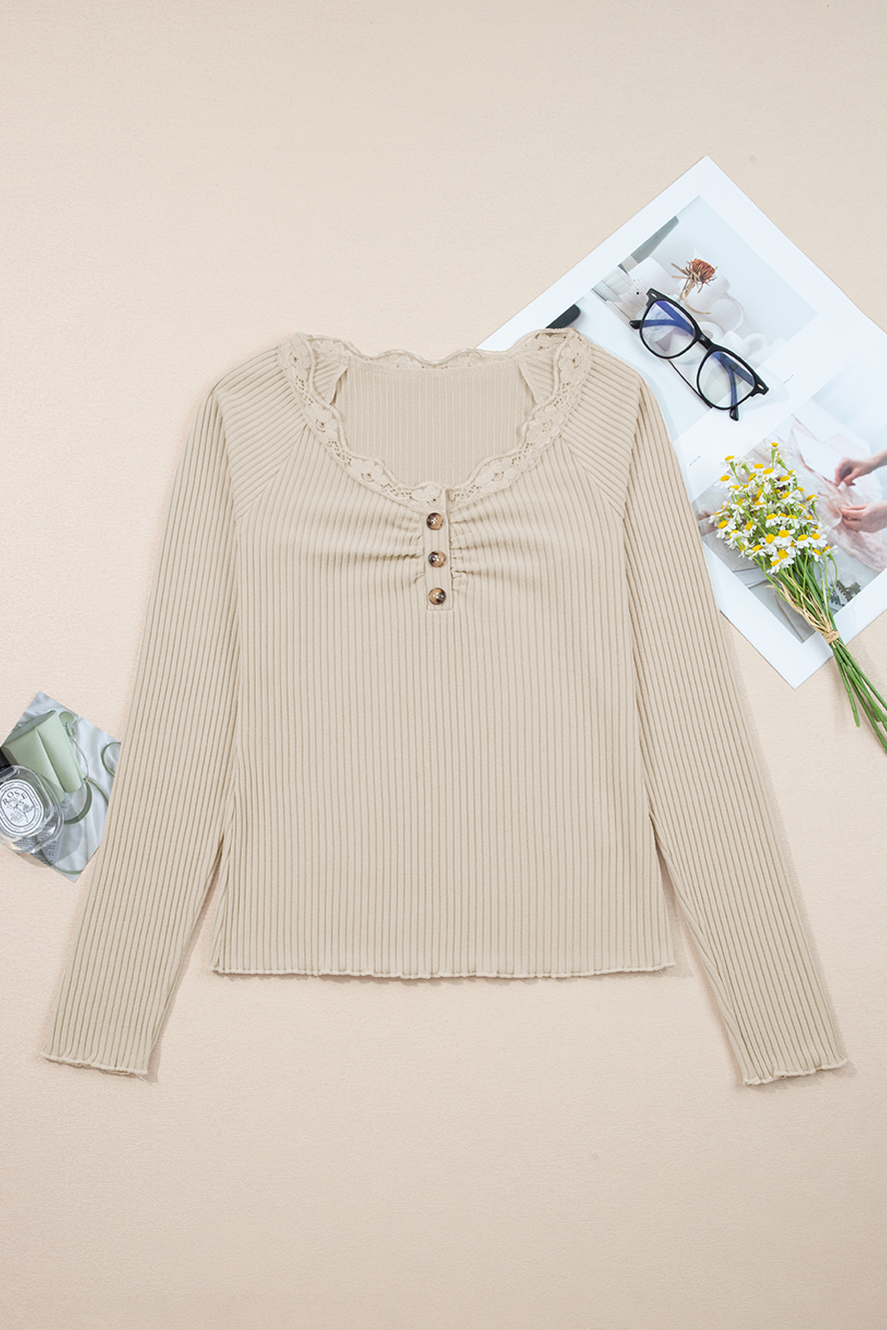Beige Lace Neckline Button Decor Lettuce Edge Long Sleeve Ribbed Top - Image 8