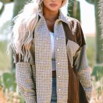 Khaki Houndstooth Color Contrast Textured Patchwork Loose Shacket
