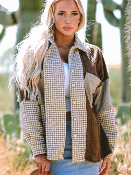 Khaki Houndstooth Color Contrast Textured Patchwork Loose Shacket