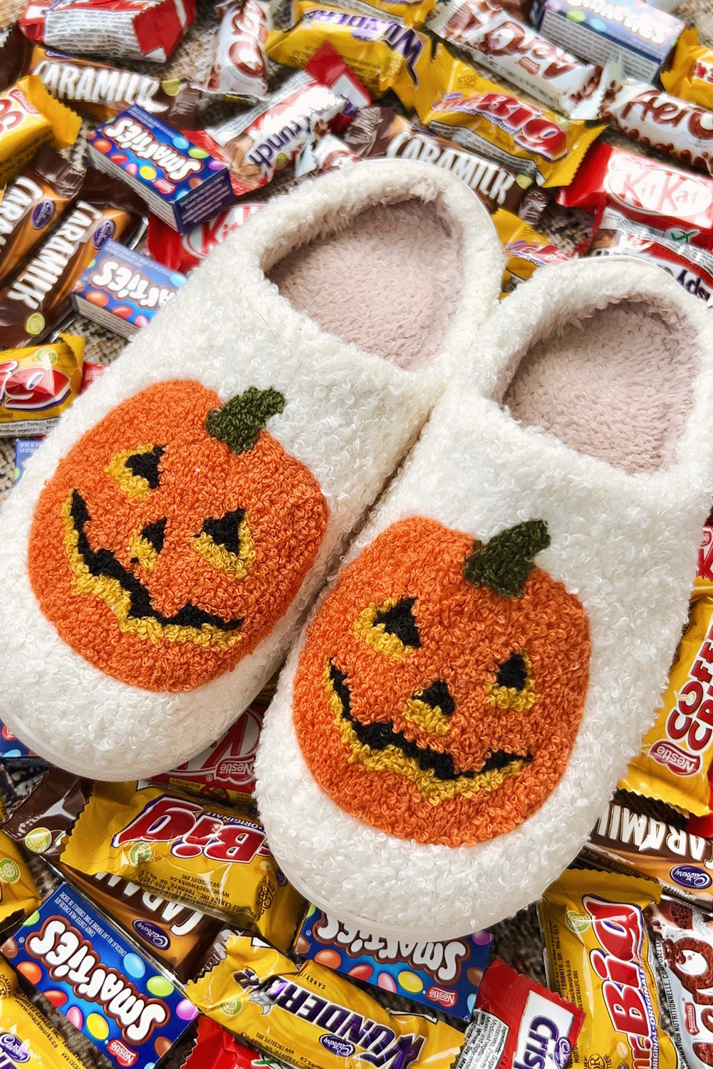 White Halloween Pumpkin Print Plush Slippers (Runs Small, Size Up) - Image 5