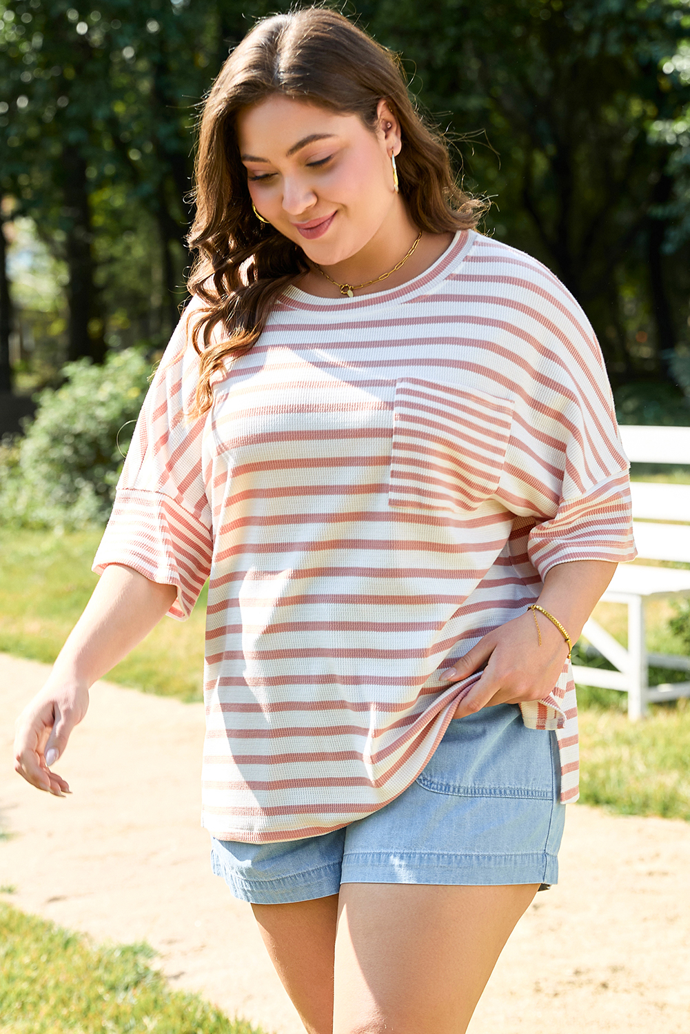 Pink Stripe Waffle Knit Pocketed Half Sleeve Plus Size T Shirt - Image 3