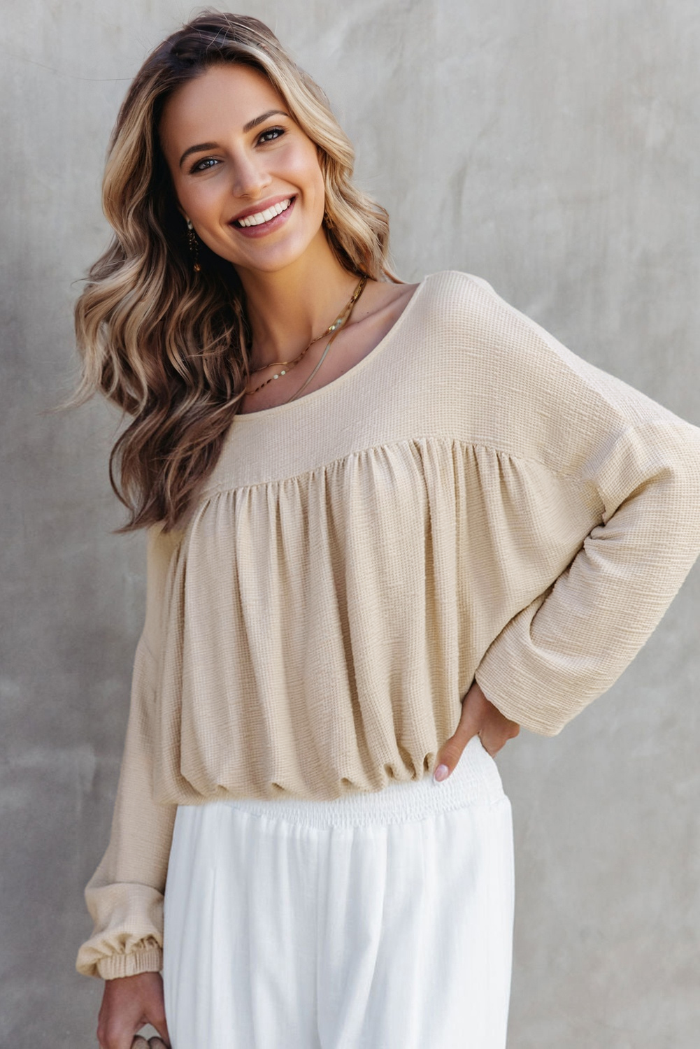 Jet Stream Textured Pleated Drop Shoulder Long Sleeve Knit Top - Image 3