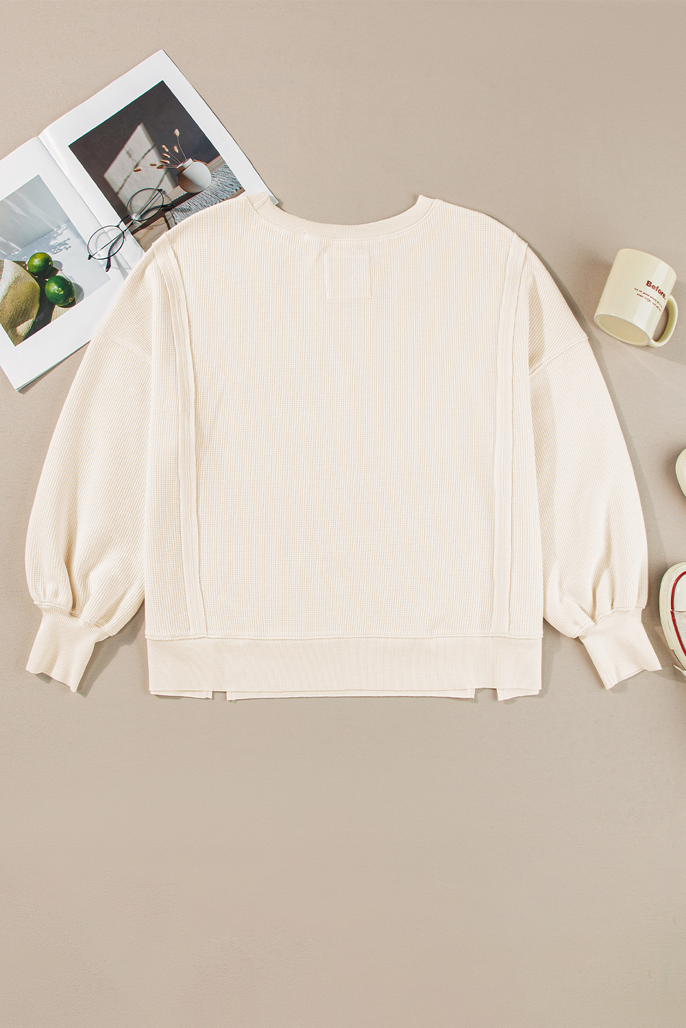 White Waffle knit Bishop Sleeve Split Oversized Top - Image 6