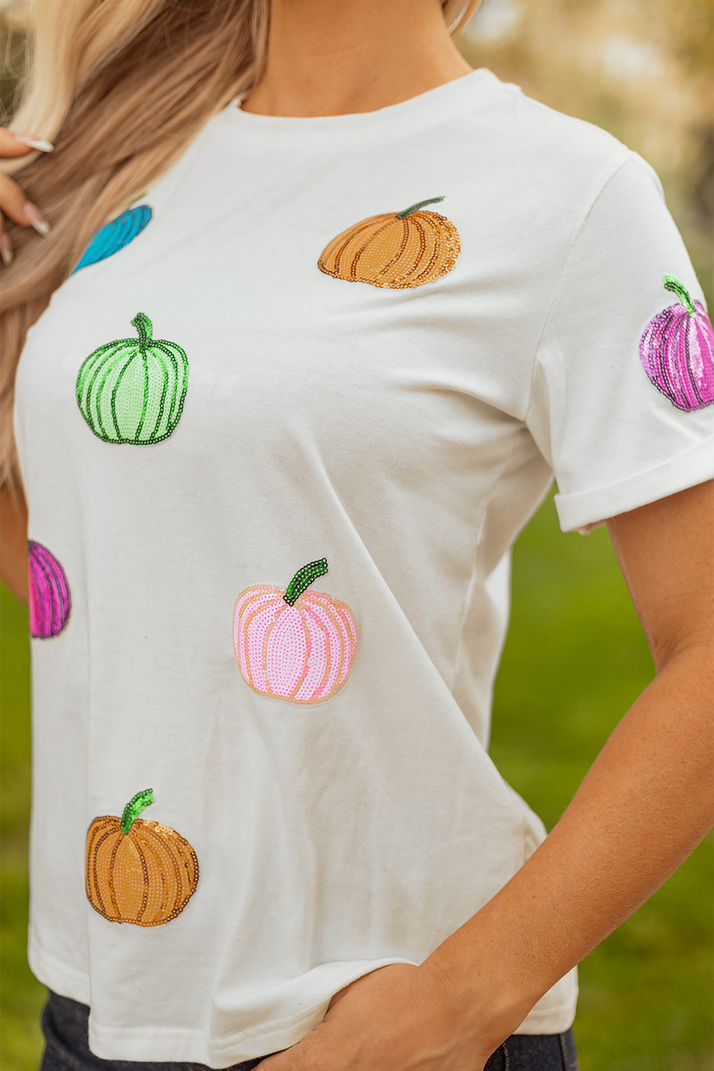 White Sequin Pumpkin Patched Cotton Blend T Shirt - Image 8