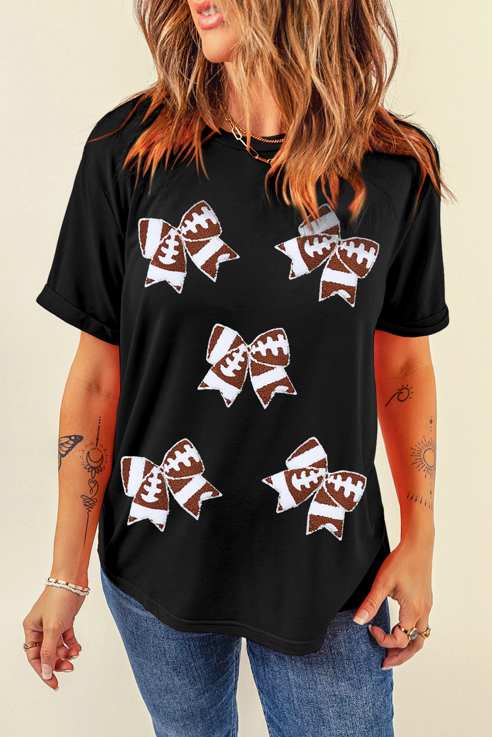 Black Rugby Football Bowknot Pattern Game Day T Shirt - Image 5
