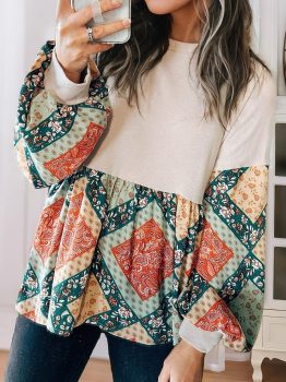 Jet Stream Paisley Geometric Patchwork Crew Neck Loose Fit Top