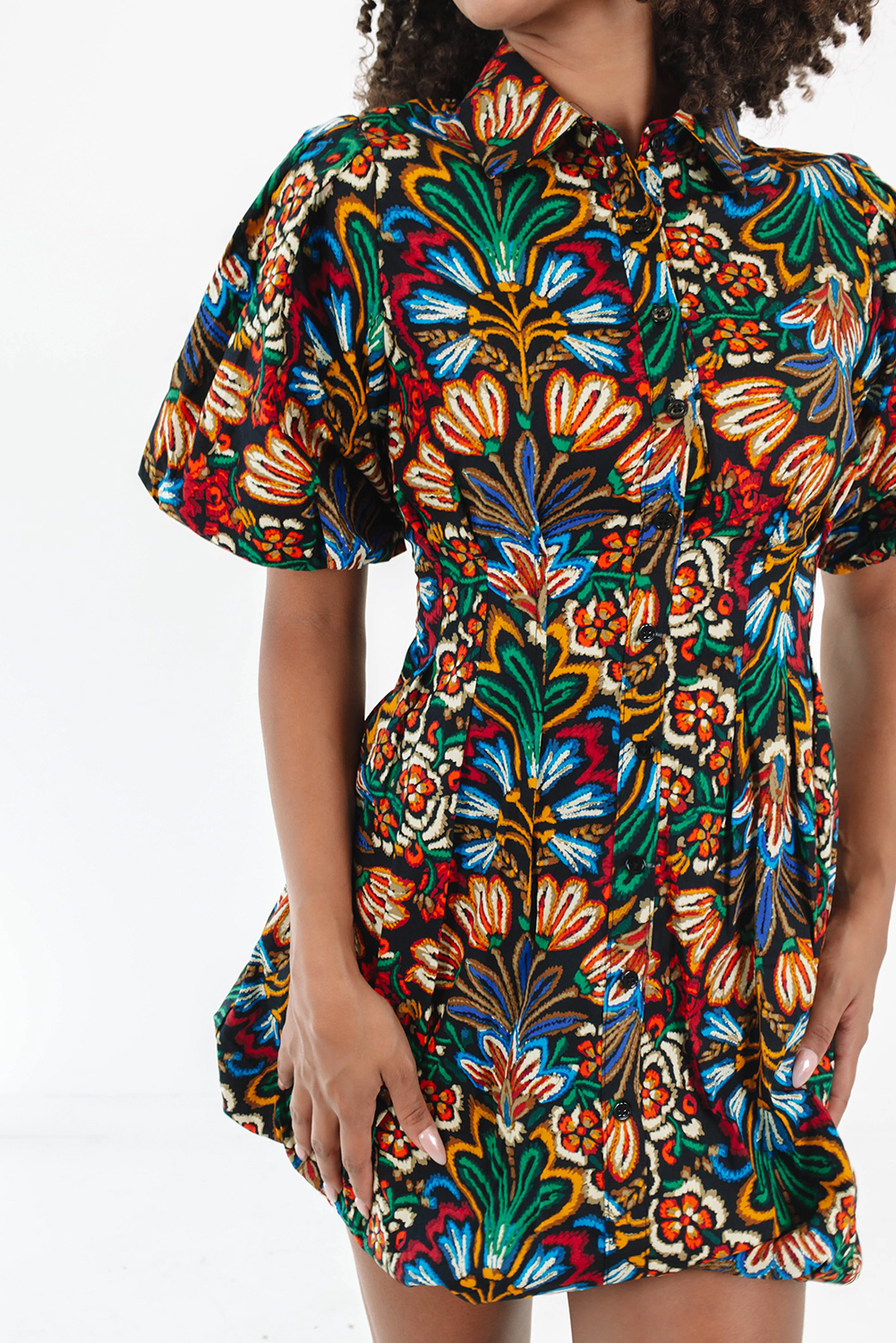 Multicolour Floral Puff Short Sleeve Shirt Mini Dress - Image 5