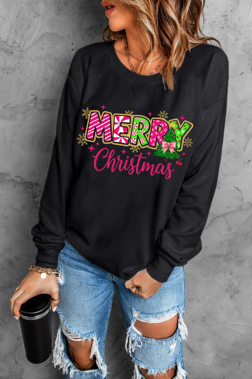 Black MERRY Christmas Playful Letter Print Drop Shoulder Sweatshirt - Image 7
