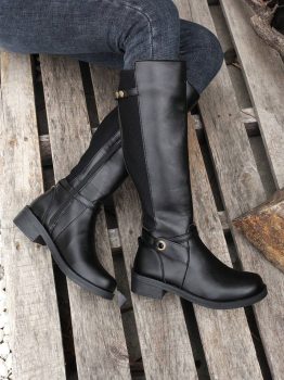 Black Side Zipper Knee High Chunky Low Heel Boots