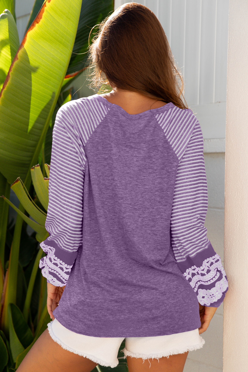Tillandsia Purple Contrast Print Striped Raglan Long Sleeve Loose Top - Image 8
