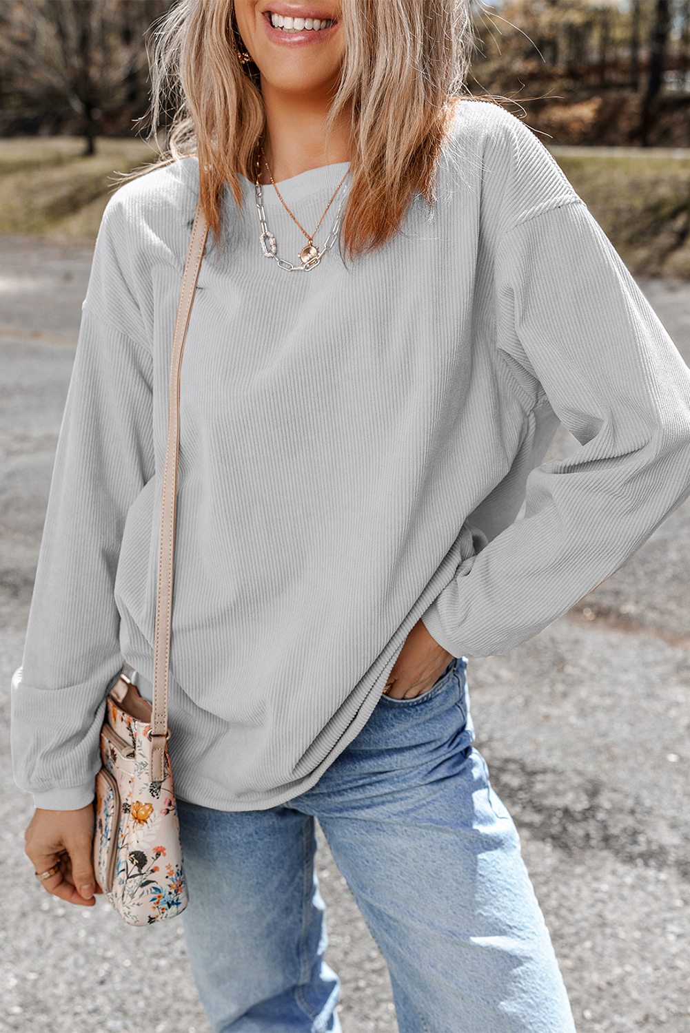 Light Grey Ribbed Corduroy Oversized Sweatshirt - Image 5