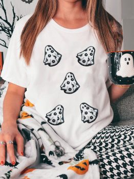 White Playful Ghost Patched Cotton Blend T Shirt