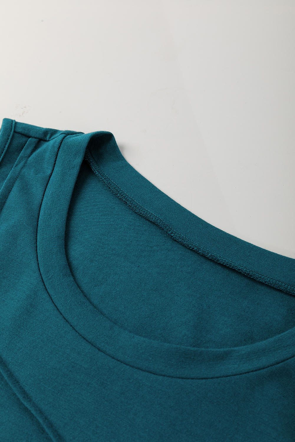 Blue Sapphire Solid Color Stitching Detail Round Neck Tank Top - Image 7