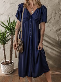 Navy Blue V Neck Buttoned Front Shirred Back Short Sleeve Midi Dress