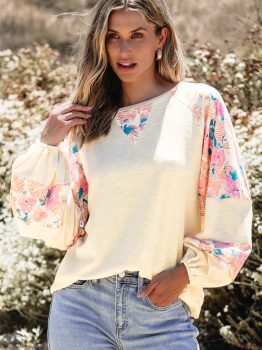 Apricot Textured Floral Patchwork Balloon Sleeve Blouse