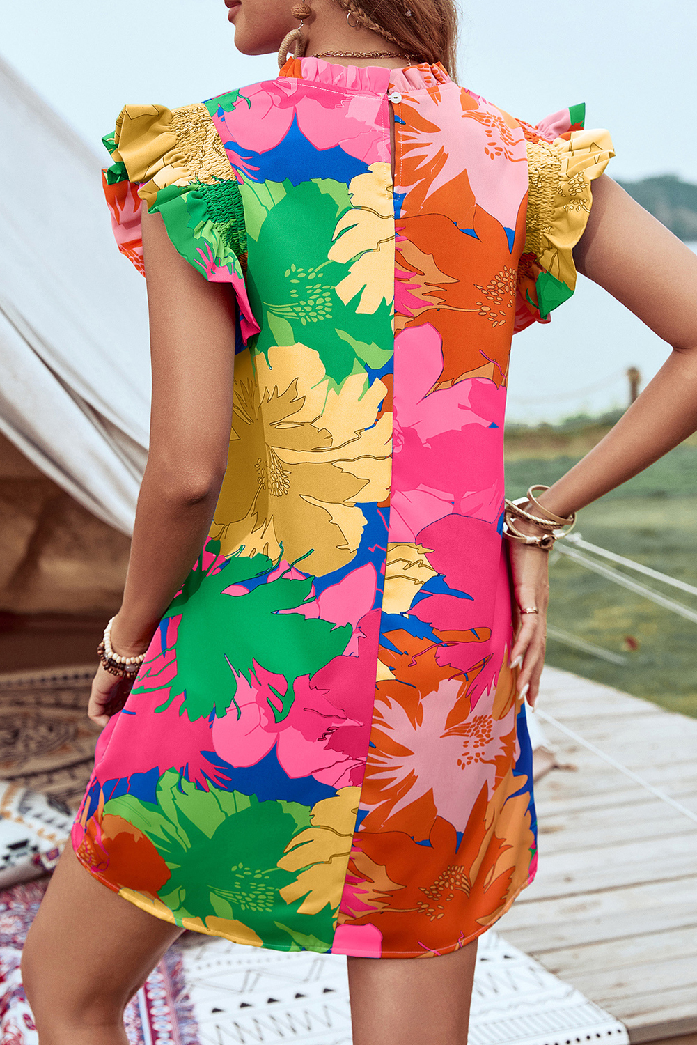 Pink Bold Floral Flutter Sleeve Shift Mini Dress with Pockets - Image 2