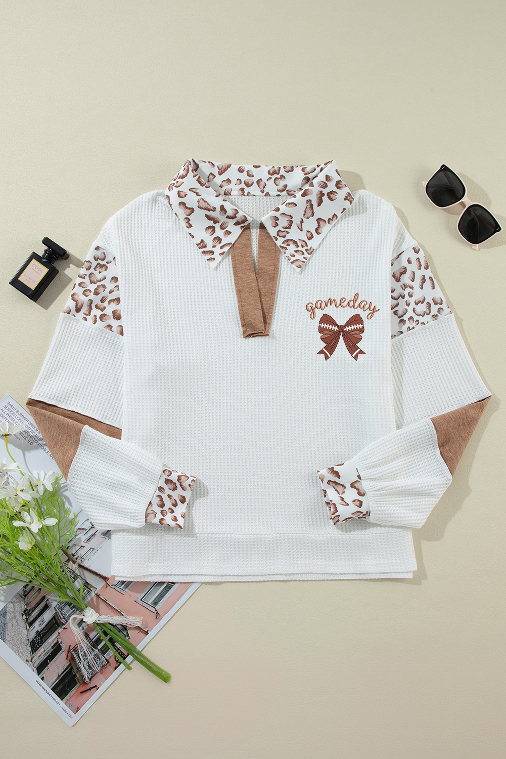 White game day Rugby Bow Embroidered Graphic Leopard Collar Color Block Patchwork Top - Image 6