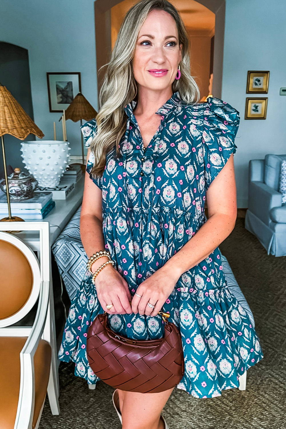 Blue Retro Floral Print Split Neck Ruffle Short Sleeve Dress - Image 8