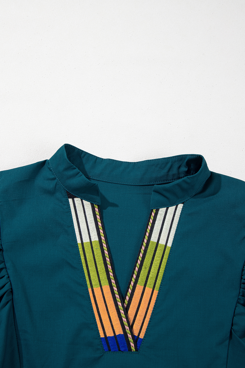 Blue Sapphire Colorblock Split V Neck Puff Sleeve Mini Dress - Image 6