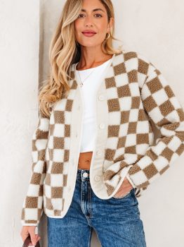 Brown Checkered Sherpa Buttoned Front Chunky Jacket