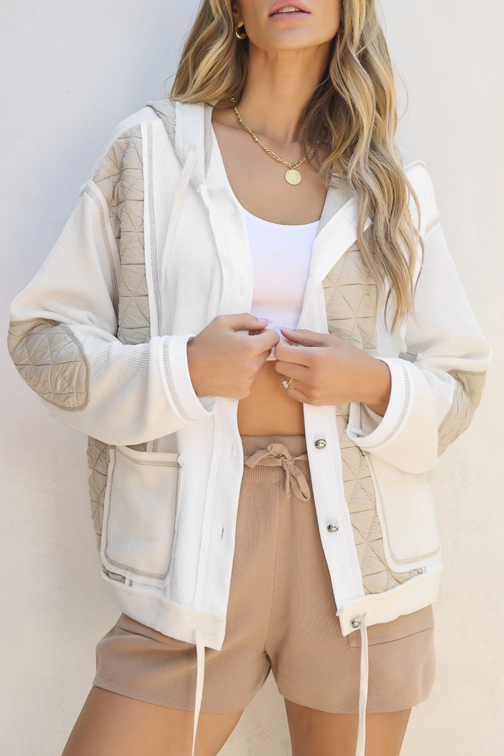 Beige Quilted Textured Patchwork Loose Fit Hooded Jacket - Image 7