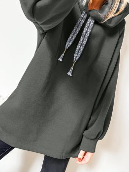 Four Leaf Clover Fleece Lined Adjustable Drawstring Oversize Tunic Hoodie