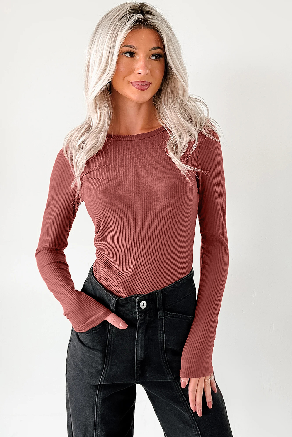 Mineral Red Ribbed Long Sleeve Crew Neck Solid Color Bodysuit - Image 2