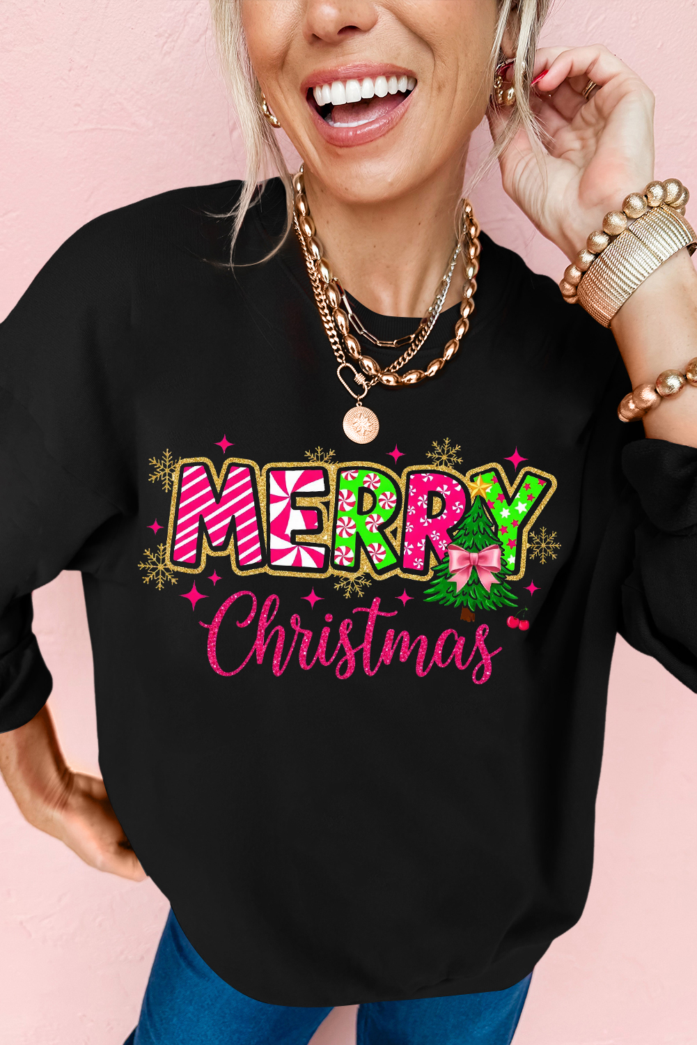 Black MERRY Christmas Playful Letter Print Drop Shoulder Sweatshirt