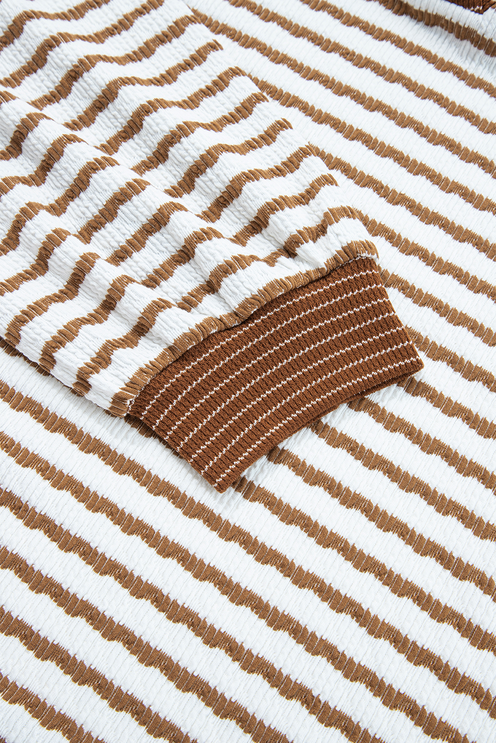 Khaki Stripe Plus Size Collared V Neck Loose Pullover Drawstring Elastic Waist Wide Leg Pant Set - Image 6