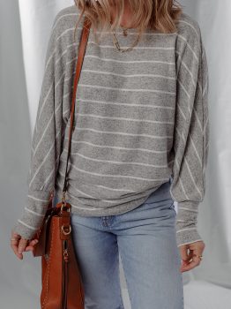 Gray Stripe Dolman Sleeve Drop Shoulder Top