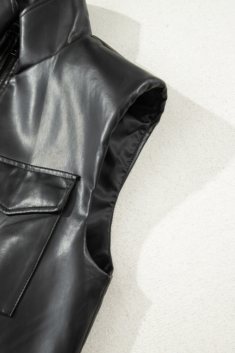 Black Double Flap Pocket Faux Leather Zip Up Stand Neck Vest - Image 8