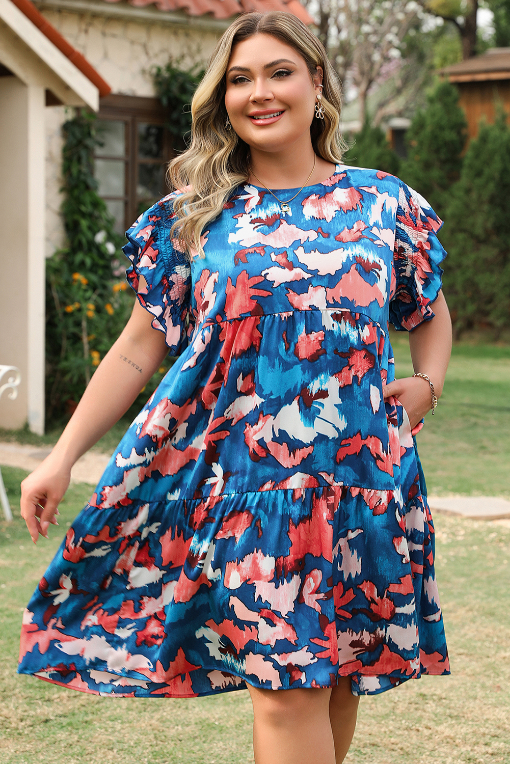 Blue Abstract Print Shirred Ruffled Short Sleeve Tiered Plus Size Mini Dress - Image 4