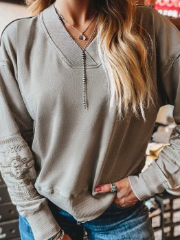 Parchment Aztec Embroidered Western V Neck Sweatshirt