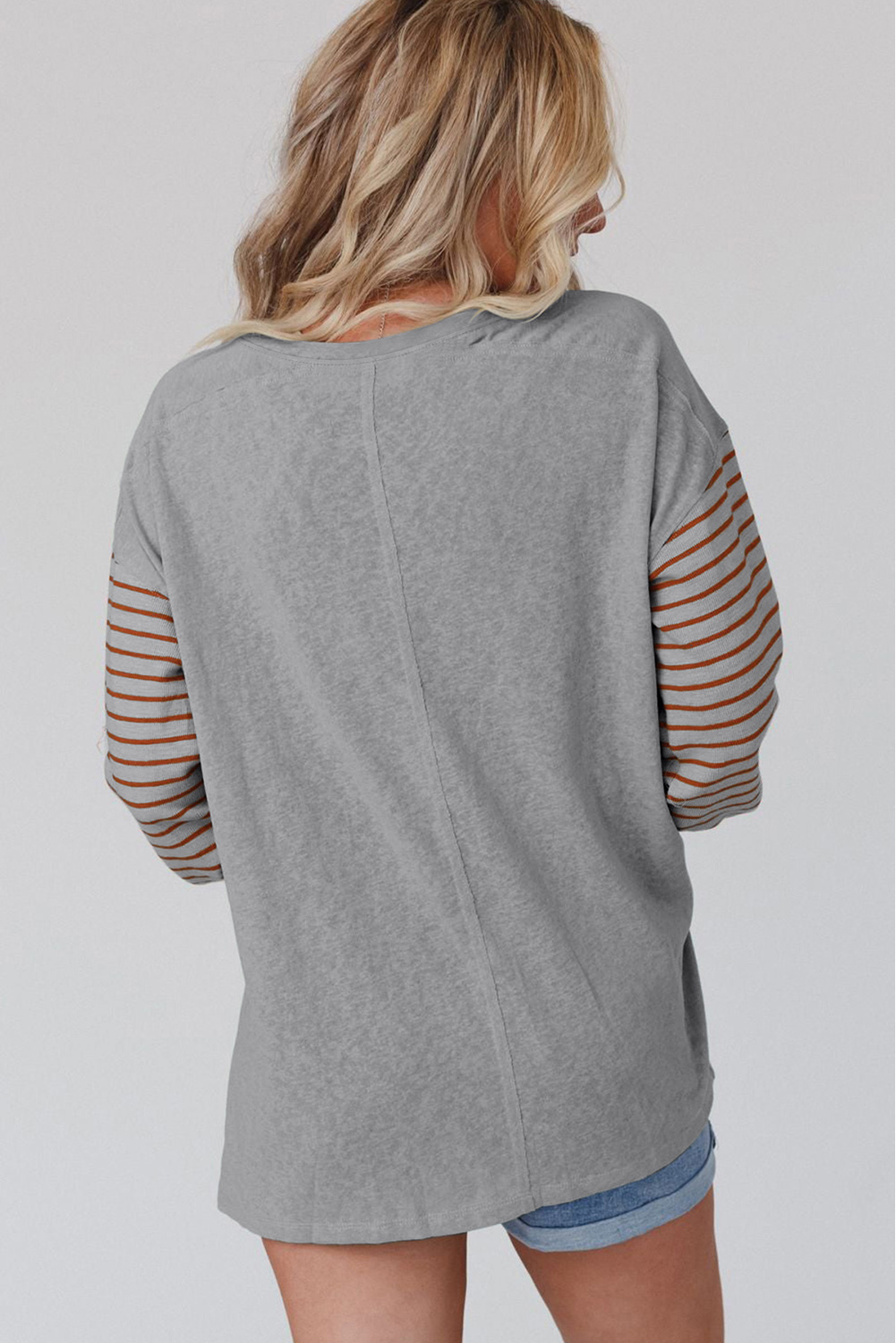 Gray Colorblock Striped Bishop Sleeve Top - Image 2