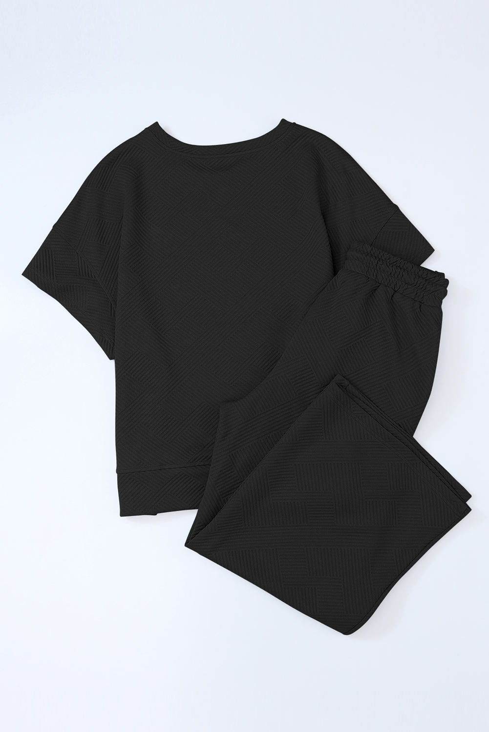 Black Textured Loose Fit T Shirt and Drawstring Pants Set - Image 7