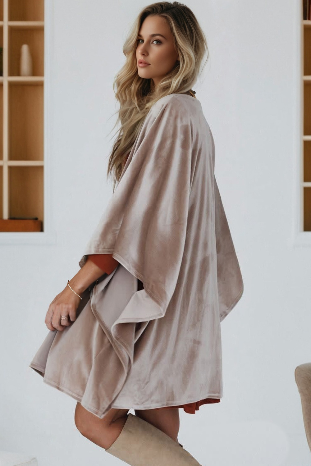 Smoke Gray 3/4 Sleeve Open Front Velvet Kimono - Image 2