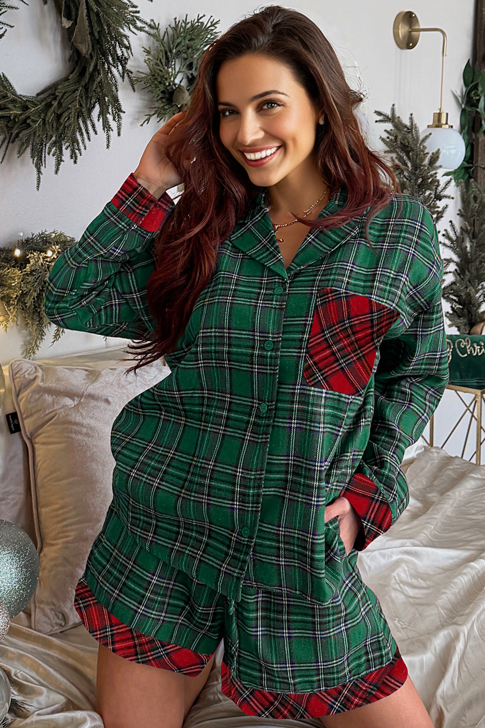 Green Plaid Contrast Patched Christmas Holiday Long Sleeve Shirt and Short 2pcs Pajama Set - Image 2