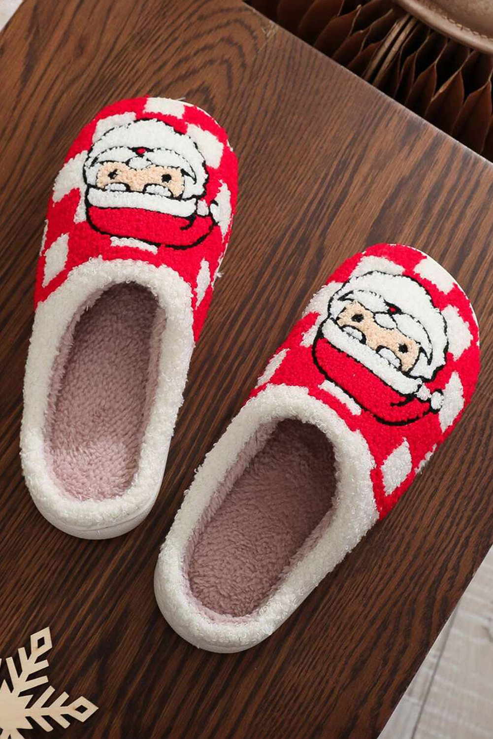 Fiery Red Checkered Santa Claus Graphic Plush Home Slippers - Image 3